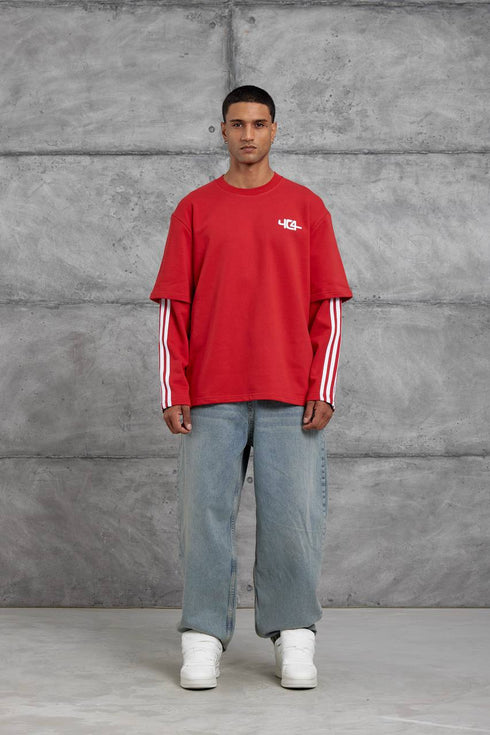 Oversized "404" Graphic T-Shirt – Layered Three-Stripe Long Sleeve
