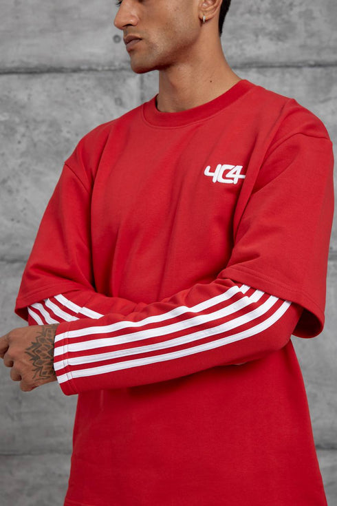 Oversized "404" Graphic T-Shirt – Layered Three-Stripe Long Sleeve