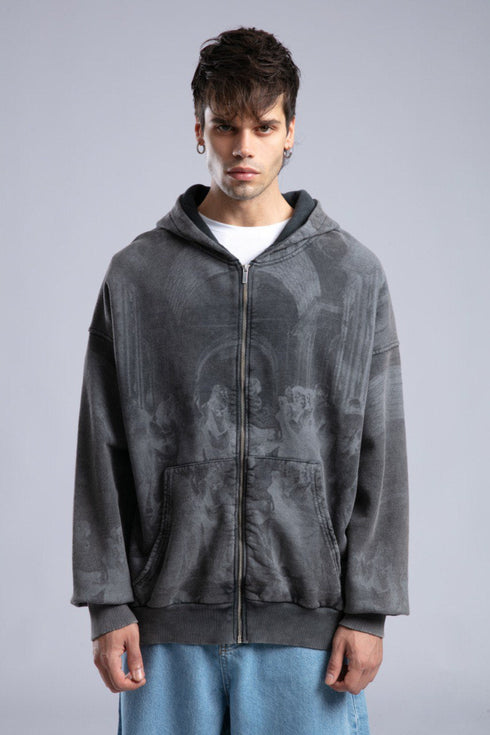 Oversized Art Print Zip-Up Hoodie - Vintage Washed Full-Zip Sweatshirt
