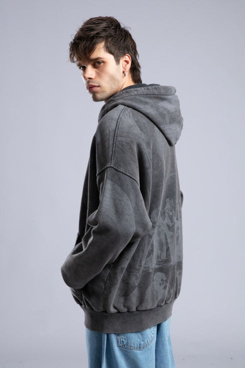 Oversized Art Print Zip-Up Hoodie - Vintage Washed Full-Zip Sweatshirt