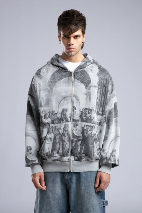 Oversized Art Print Zip-Up Hoodie - Vintage Washed Full-Zip Sweatshirt