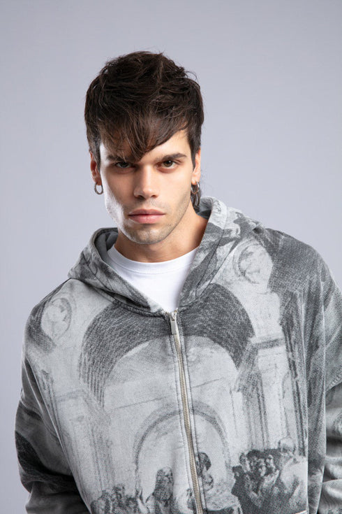 Oversized Art Print Zip-Up Hoodie - Vintage Washed Full-Zip Sweatshirt