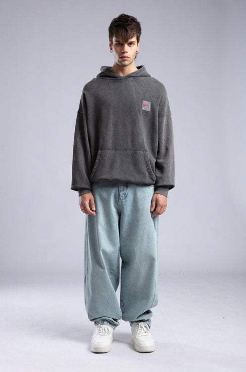 Oversized '8' Plaid Patch Hoodie - Vintage Washed Pullover