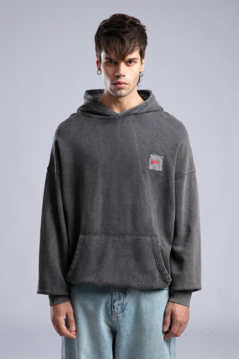 Oversized '8' Plaid Patch Hoodie - Vintage Washed Pullover