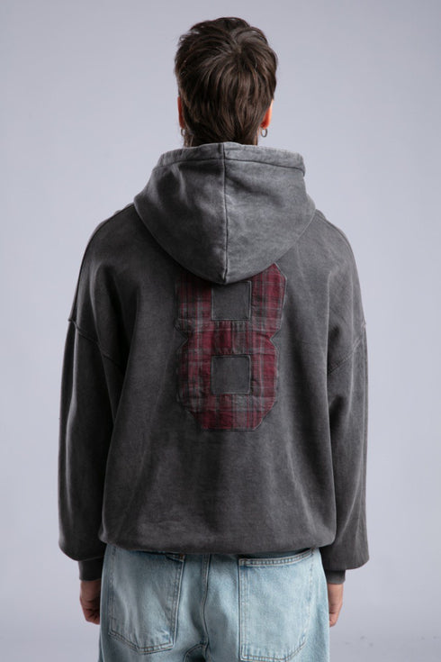 Oversized '8' Plaid Patch Hoodie - Vintage Washed Pullover