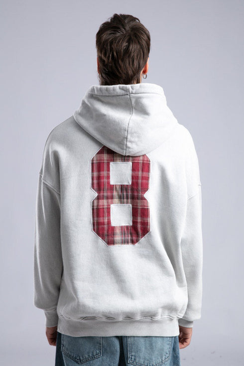 Oversized '8' Plaid Patch Hoodie - Vintage Washed Pullover