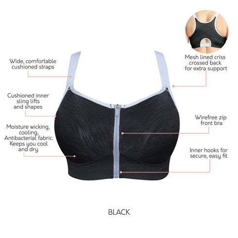 PARFAIT Wave P6052 Women's Wire-Free Front Closure Sports Bra - Black