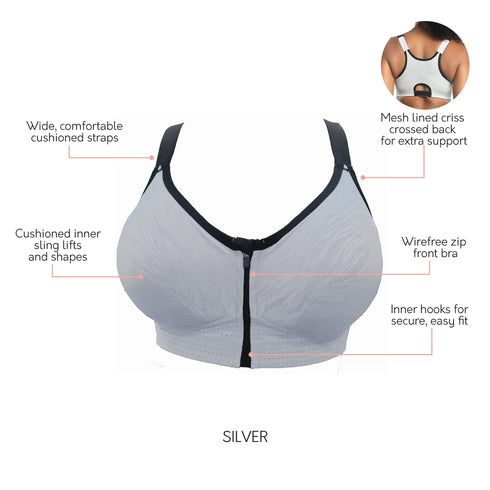 PARFAIT Wave P6052 Women's Wire-Free Front Closure Sports Bra - Silver
