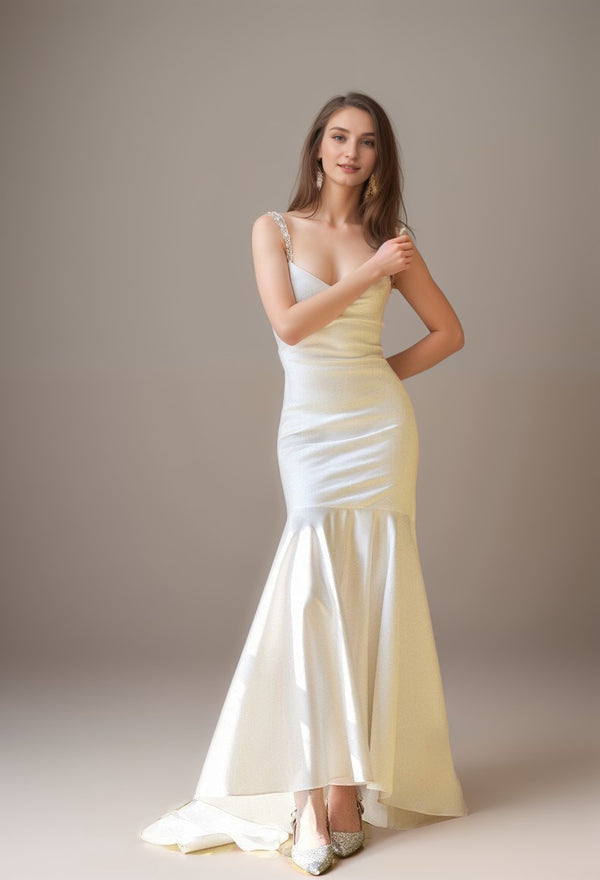 Goddess Style Pearl Beaded Spaghetti-straps Mermaid Satin wedding dress small train
