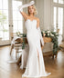 Elegant strapless front button design fit and flare middle slit simple silky satin wedding dress