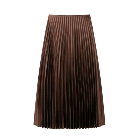 Women's Ruffle Pleated Midi Skirt - Elegant Brown Cylinder Pleat Mid-Waist High Street Fashion for All Seasons (2025 Edition)