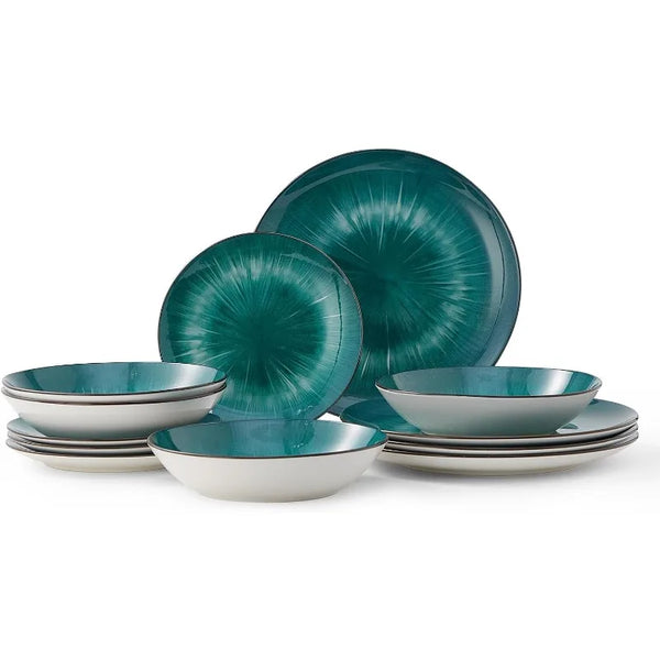 12-Piece Green Marble Porcelain Dinnerware Set – Plates and Bowls for 4, Premium Round Kitchen Dish Set, Microwave & Dishwasher Safe
