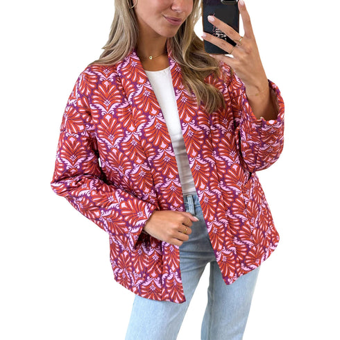 Vintage Print Women's Quilted Winter Jacket – Open Front Long Sleeve Cardigan Coat with Pockets – Casual Polyester Outerwear