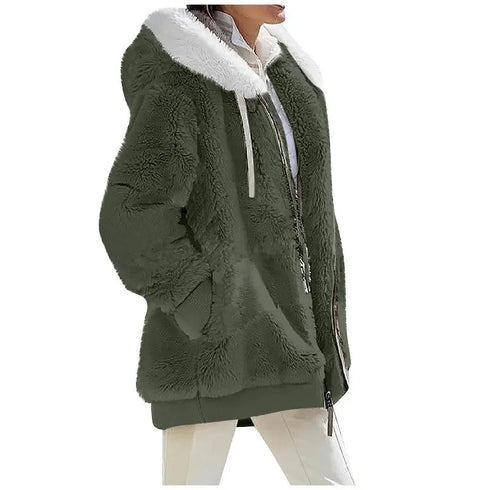 Women's Thick Cashmere & Polyester Hooded Jacket – Streetwear Style for Winter
