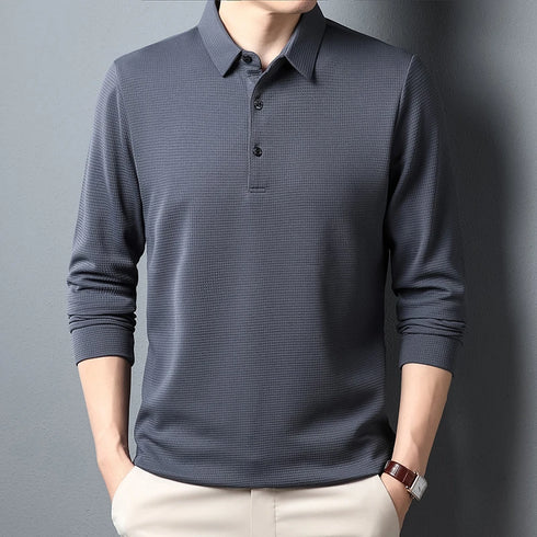 Men’s Full-Sleeve Casual Polo Shirt – Anti-Wrinkle Knit Polyester, Solid Color