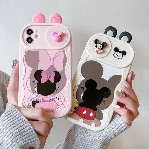 3D Ears Cartoon Sliding Camera Case | Stitch, Mickey, Minnie, Winnie Bear Design for iPhone 11-16 Pro Max, XR, XS, and More