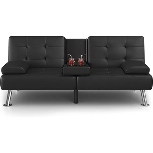 Black Recliner Sofa with Metal Legs, Cup Holders, and Foldable Sofa Bed