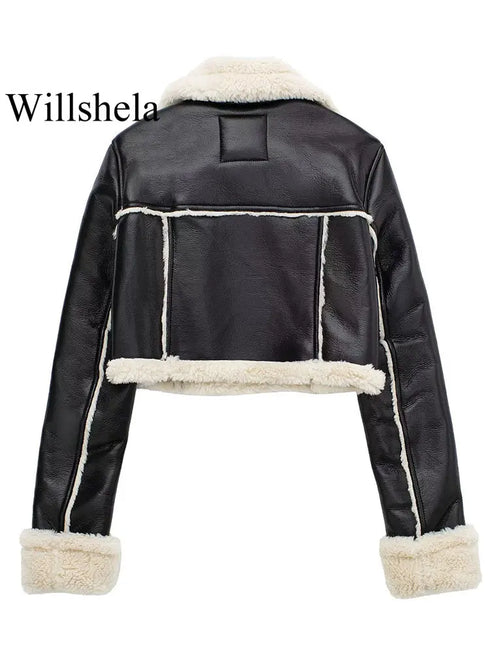 Women's Vintage Lapel Neck Zipper Jacket – Solid Color Thick Outerwear for Winter
