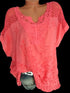 Solid Color Lace-Trimmed Loose Fit Casual Top with Short Sleeves and Office Lady Styling for Middle-Aged Women