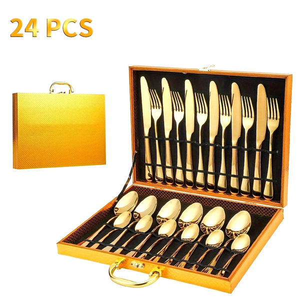 24-Piece Premium Stainless Steel Black & Gold Flatware Set – Elegant Mirror Polish Cutlery, Dishwasher Safe