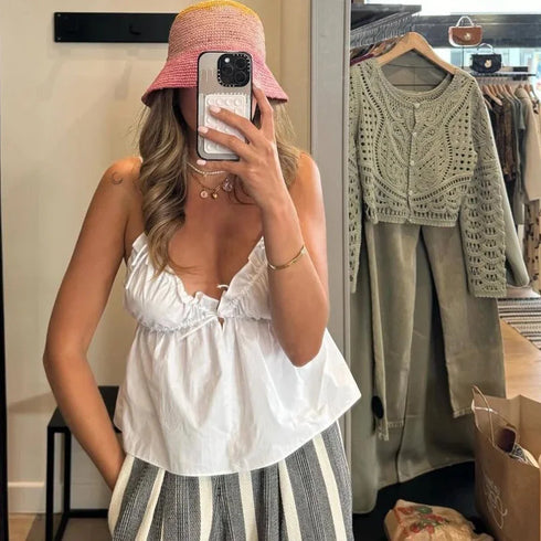 TRAF Women’s Backless Sleeveless Crop Top – Ruffled Bow-Tied Corset Camisole with Thin Straps and Solid Color Design in White or Black for Summer High Street Fashion