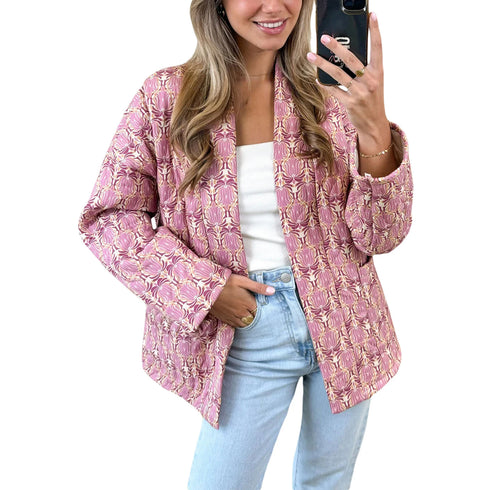 Vintage Print Women's Quilted Winter Jacket – Open Front Long Sleeve Cardigan Coat with Pockets – Casual Polyester Outerwear