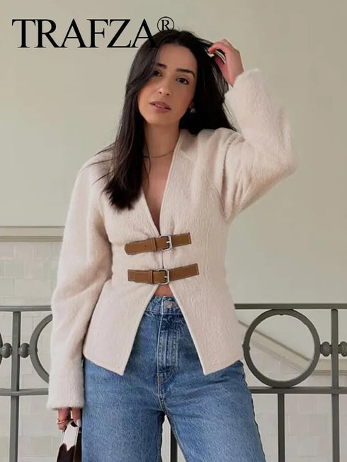 Women’s Retro Woolen Coat - Solid Beige V-Neck Long Sleeve Jacket with Belt Closure - Chic Streetwear for Winters