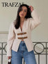 Women’s Retro Woolen Coat - Solid Beige V-Neck Long Sleeve Jacket with Belt Closure - Chic Streetwear for Winters