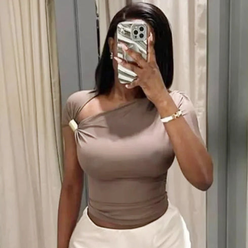 TRAF Spring/Summer Women’s Asymmetrical Tank Top – Sexy Tight-Fit Y2K-Inspired Camis in Yellow, Black, and Khaki, Medium Stretch Blended Polyester Fabric for Middle-Aged Women’s High Street Fashion