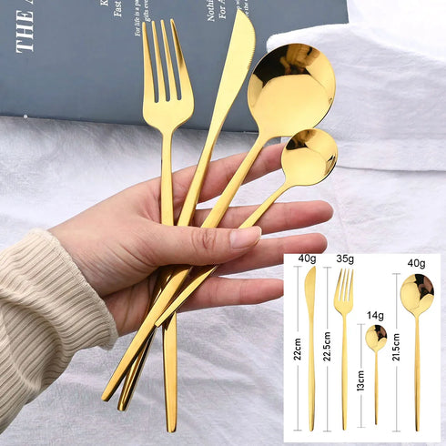 24Pcs Black Handle Gold Cutlery Set – Stainless Steel Knife Fork Spoon Flatware Dinnerware