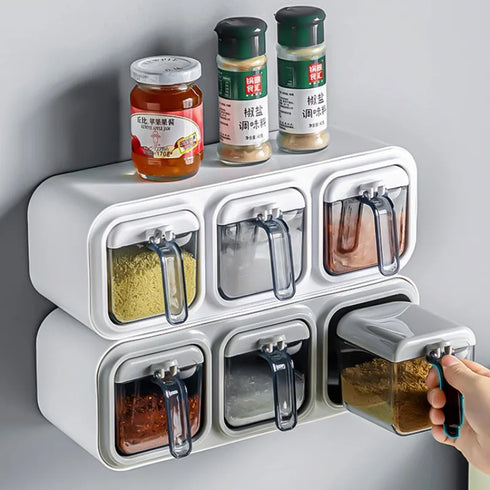 Wall-Mounted Kitchen Seasoning Box – Spice Organizer with Storage Jars for Condiments & Gadgets