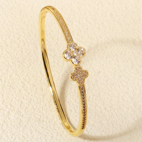 Trendy Copper with Zirconium Plant Design Bangle Bracelet for Women – Gold Plated, Simple & Elegant Jewelry