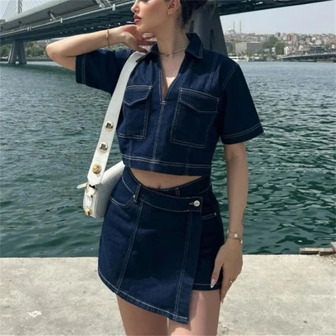 TRAF Summer 2024 Women’s Blue Cropped Denim Shirt – Short Sleeve Turn-Down Collar Streetwear Blouse with Lace Closure and Pocket Detail – Lightweight Y2K-Inspired High Street Casual Top