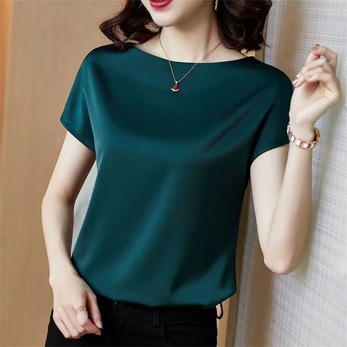 Solid Color Midweight TAT-Woven Polyester Top with Regular Length and No Closure, Designed for Middle-Aged Women Seeking a Sophisticated Office Lady Style