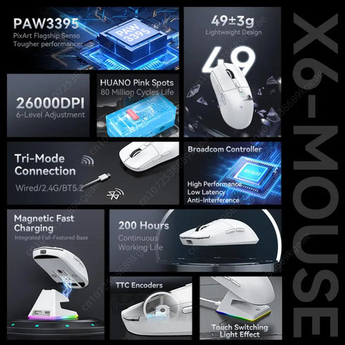 Attack Shark X6 2.4G Optical Mouse-Wireless 26000DPI PAW3395 Gaming Mouse