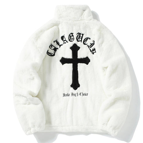 Cross Embroidery Oversized Fleece Jacket – Harajuku Streetwear Hip Hop Fluffy Zipper Coat for Men