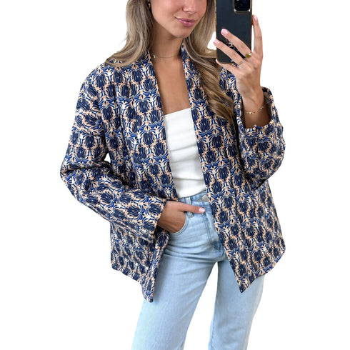 Vintage Print Women's Quilted Winter Jacket – Open Front Long Sleeve Cardigan Coat with Pockets – Casual Polyester Outerwear
