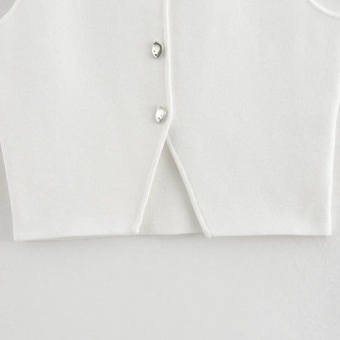 TRAF Women’s Elegant Cropped Knitted Tank Vest – Short Button-Decorated Sleeveless Casual Summer Top in Solid White and Blue for Modern Seasonal Styling