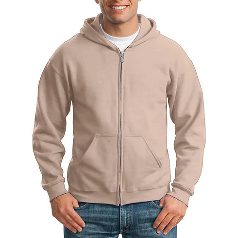 Solid Men’s Long Sleeve Zip-Up Hoodie – Lightweight Polyester Hooded Pullover Sweatshirt with Pocket for Daily Wear