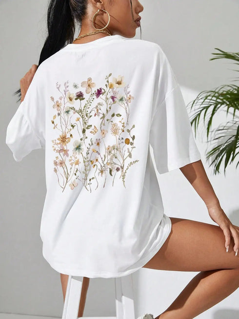 Flower Clusters Print T Shirts for Women-Soft Cotton Short Sleeve Tops