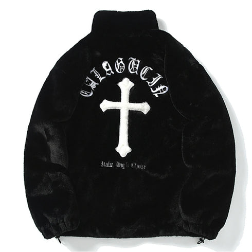 Cross Embroidery Oversized Fleece Jacket – Harajuku Streetwear Hip Hop Fluffy Zipper Coat for Men