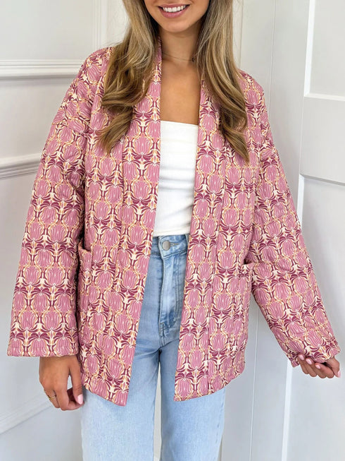 Vintage Print Women's Quilted Winter Jacket – Open Front Long Sleeve Cardigan Coat with Pockets – Casual Polyester Outerwear