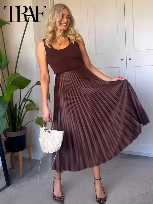 Women's High-Waist Pleated Satin Maxi Skirt - Elegant Long Skirt for Spring/Summer 2025