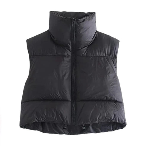Women’s Winter Short Quilted Vest - Sleeveless Wide-Waisted Cotton Down Vest with Turtleneck and Zipper Closure for Outdoor Travel