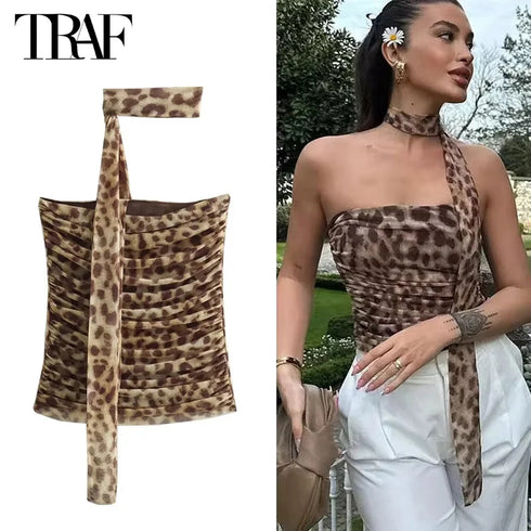 TRAF Summer Leopard Print Ruched Tulle Corset Crop Top for Women – Sexy Off-Shoulder Halter Backless Tube Camis Designed for Middle-Aged Women in Stretch Blended Polyester Fabric