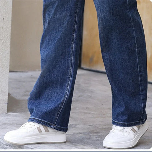 Women's High-Waist Straight-Leg Plaid Jeans – Classic Loose-Fit Cotton Denim for Autumn/Winter