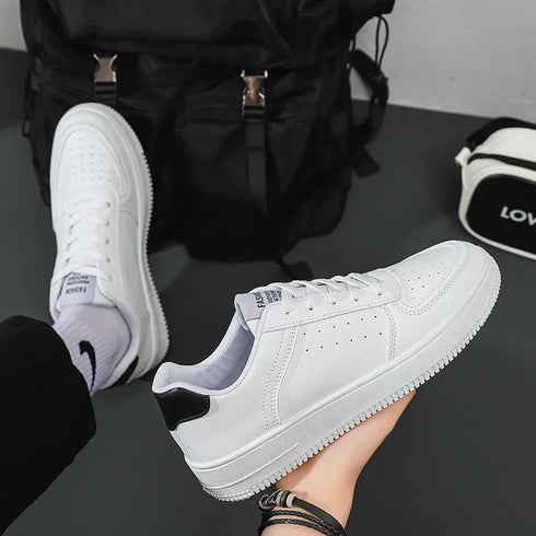 White Leather Sneakers for Men-Casual Lightweight Flat Shoes