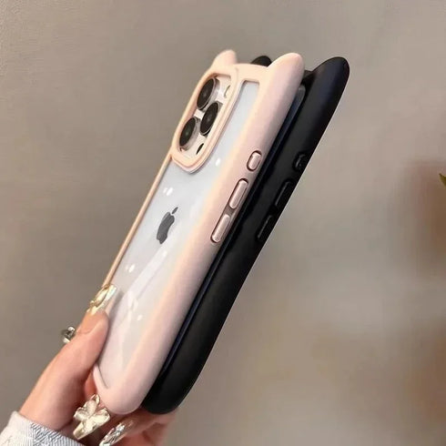 Soft Silicone Cat Ear Phone Case | Transparent Acrylic Shockproof Bumper Cover for iPhone 15, 14, 13, 12, 11 Pro Max