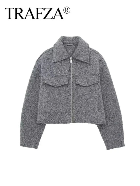 Streetwear Turn-Down Collar Zipper Jacket – Solid Color Urban Outerwear for Women