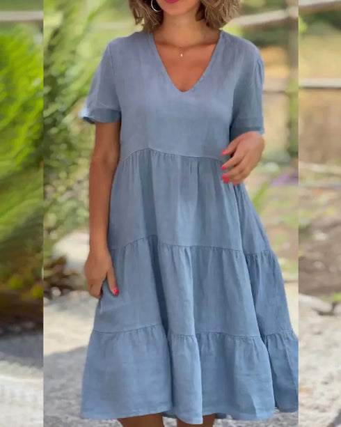 Short Sleeve Solid V-neck Cotton Casual Dress